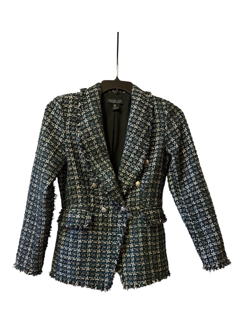 Rachel Zoe Dark Green Tweed Fringed Double-Breasted Blazer